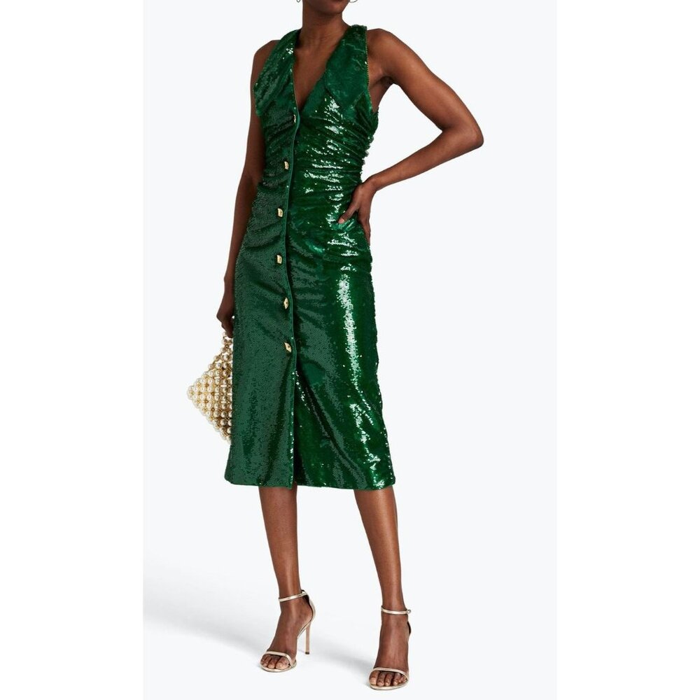 NWT GANNI Sequin crepe ruched midi dress in kelly green size 38 / 6